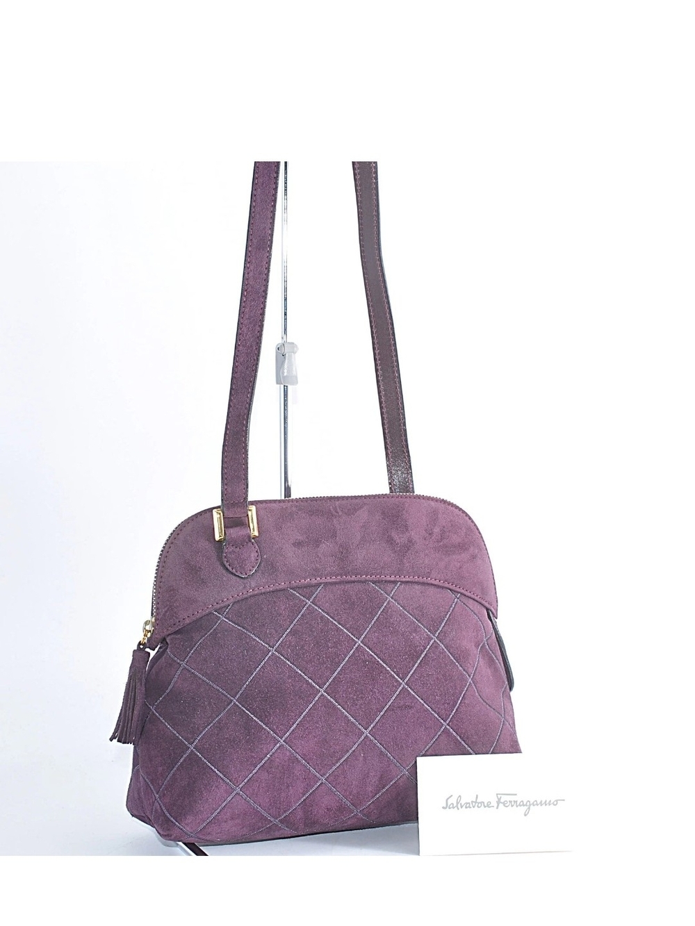 Salvatore Ferragamo Plum Suede Quilted Shoulder Bag with Tassel